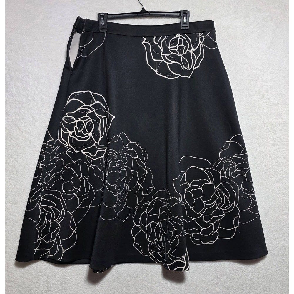 DKNY Black White Rose Floral A-Line Midi Skirt Size Large Side Zip Scuba Stretch